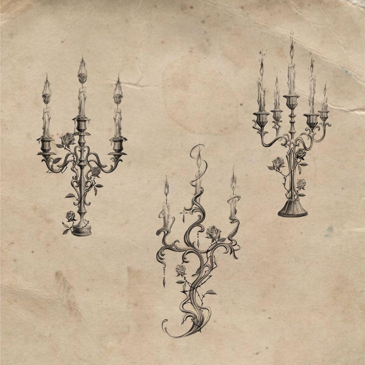 Three ornate candelabra sketches with lit candles and roses on aged parchment paper.