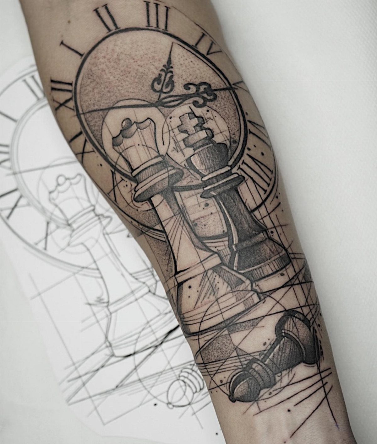 King and queen chess piece tattoo with geometric lines and a clock face.