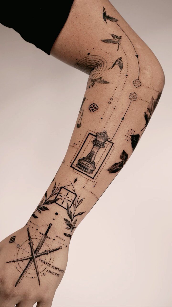 Rook chess piece tattoo in a geometric frame on a person's lower leg.
