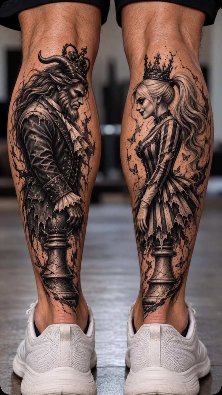 Matching king and queen chess piece tattoos on a pair of lower legs.