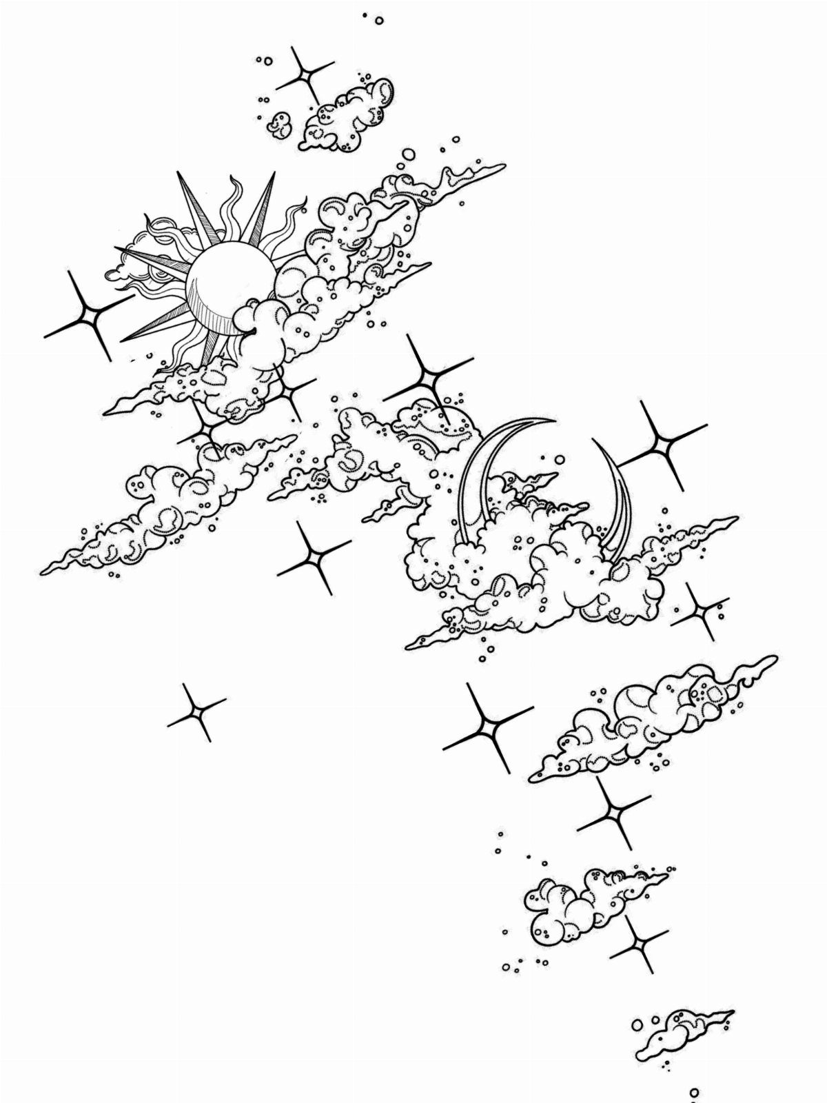 Tattoo design featuring a sun, crescent moon, stars, and clouds in black line art.