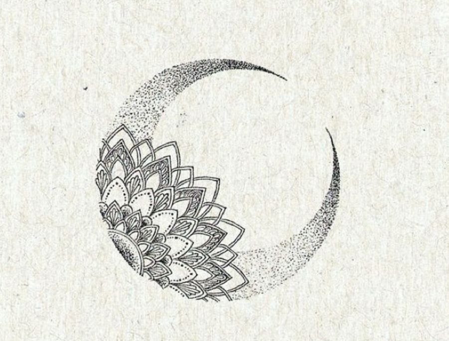 Crescent moon integrated with a detailed mandala pattern drawn in black ink.