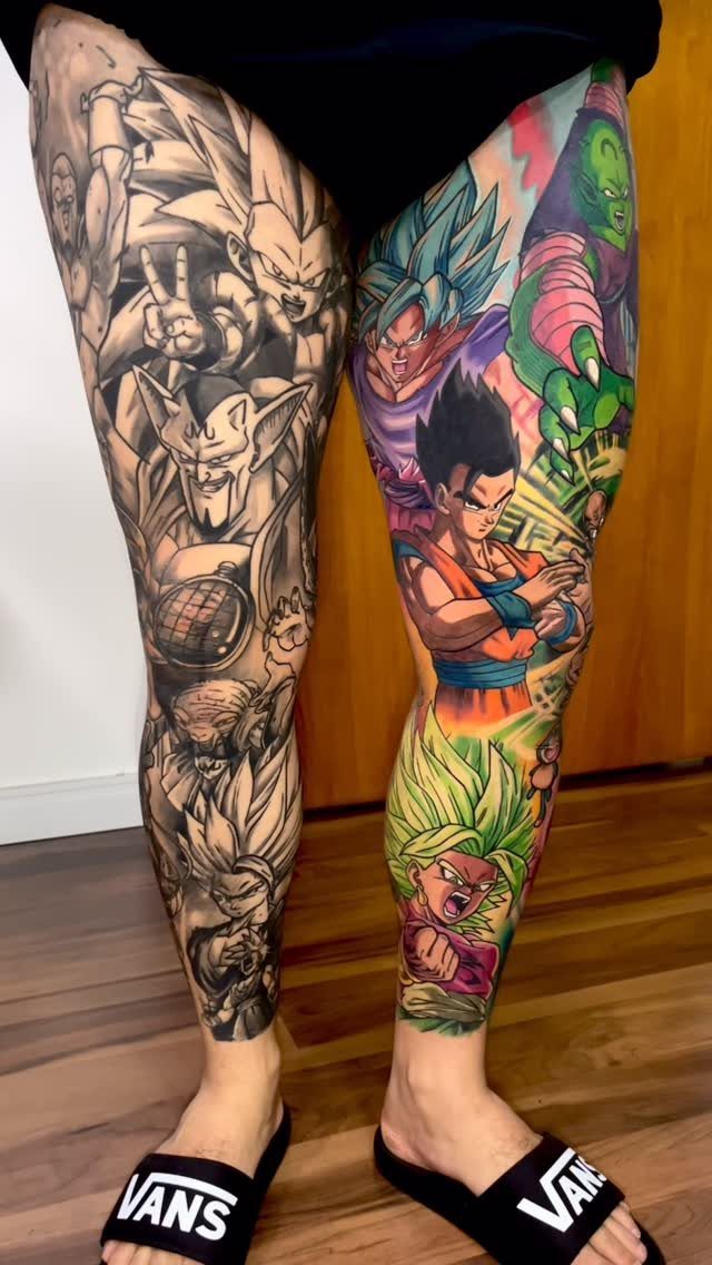 Legs with detailed black and grey and colorful Dragon Ball character tattoos