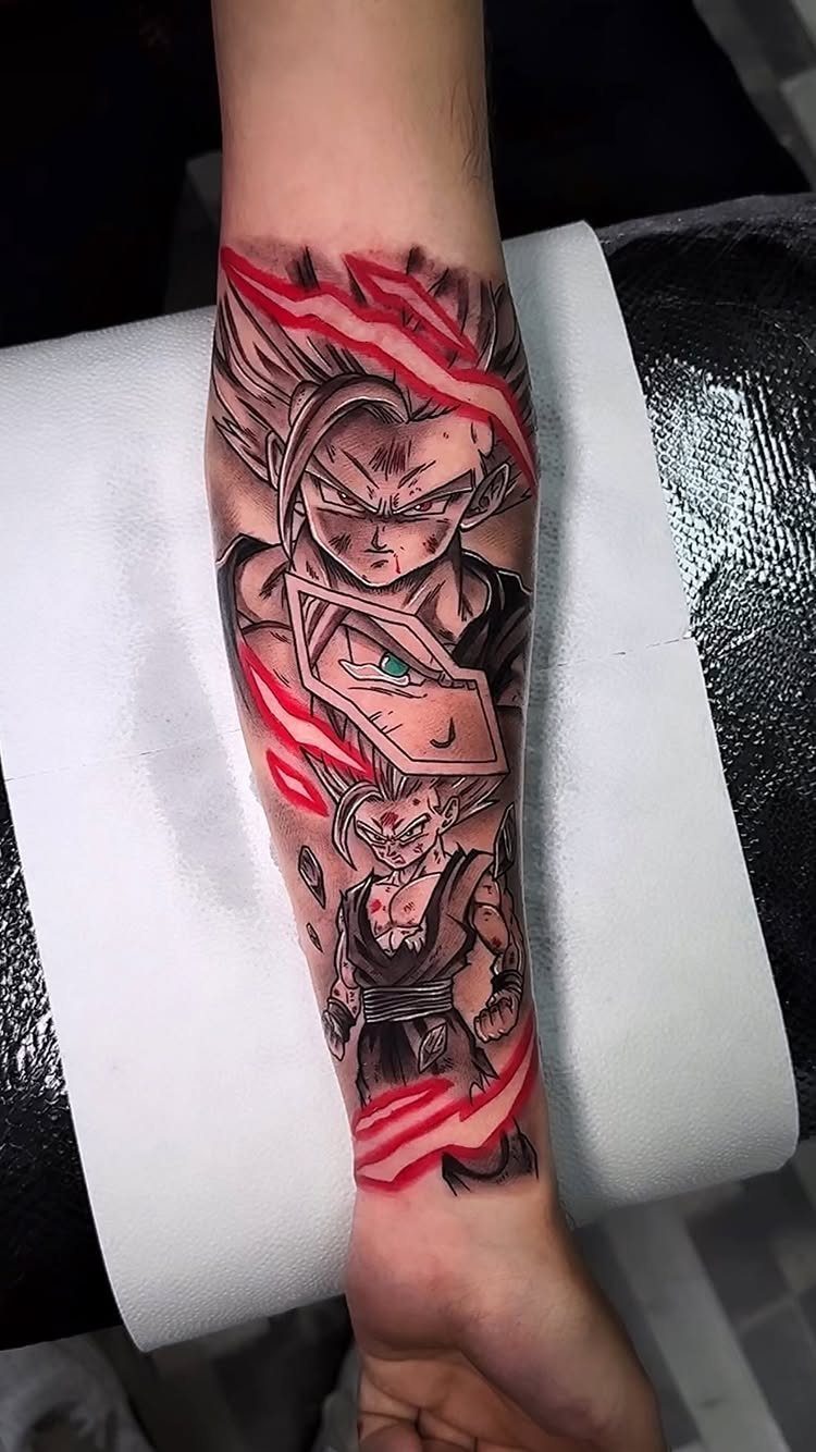 Gohan tattoo on a forearm with red energy effects and dynamic character poses.