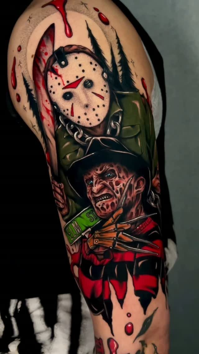Tattoo of Jason Voorhees and Freddy Krueger on a person's upper arm.