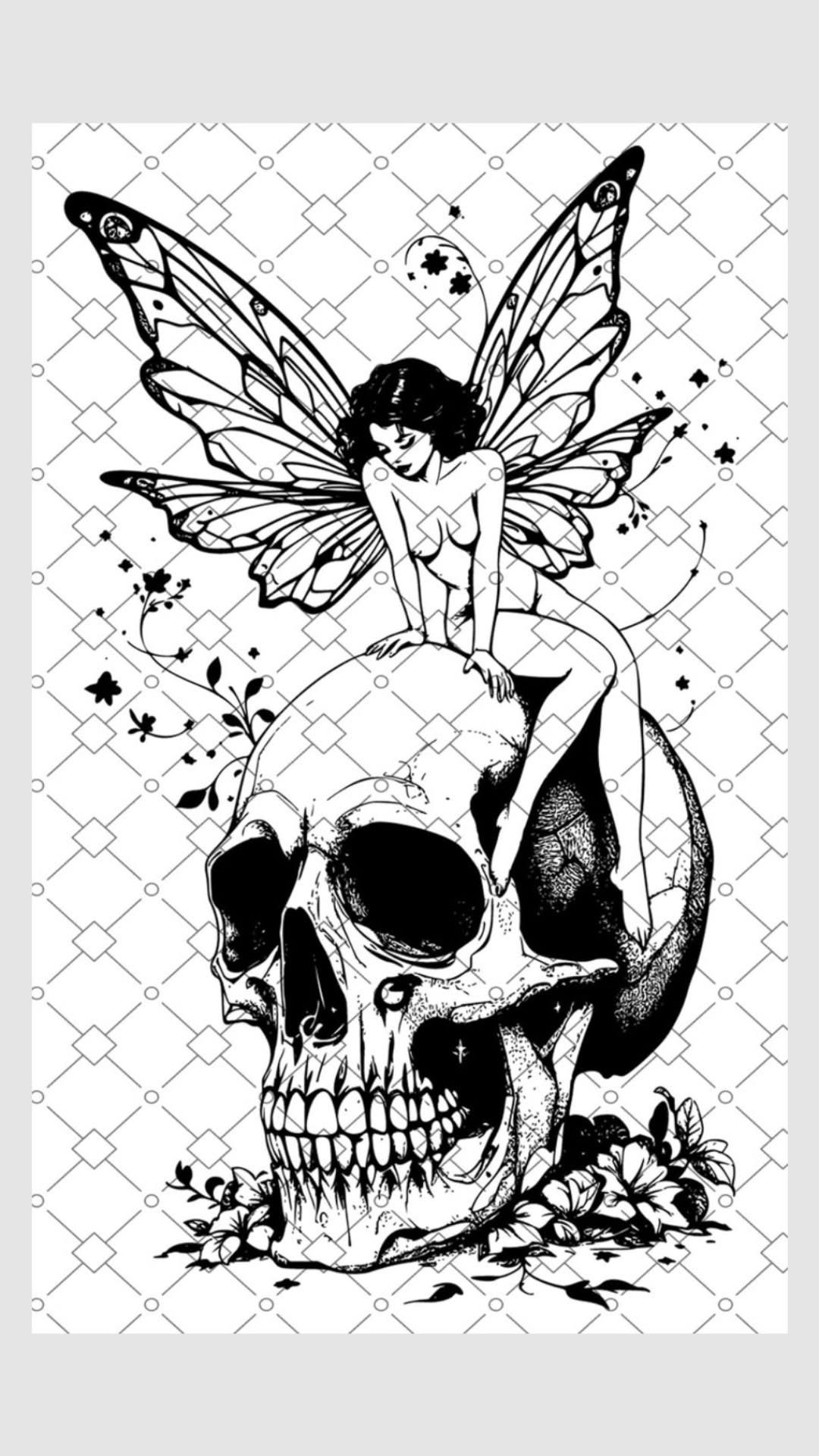 Fairy with large wings perched on top of a human skull with flowers.