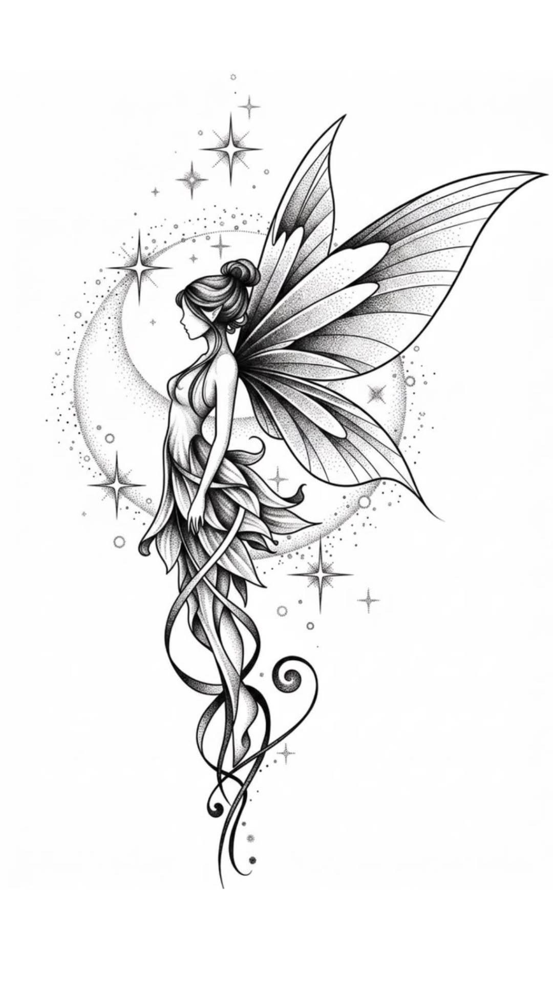 Fairy tattoo design with large wings, a crescent moon, and sparkling stars.