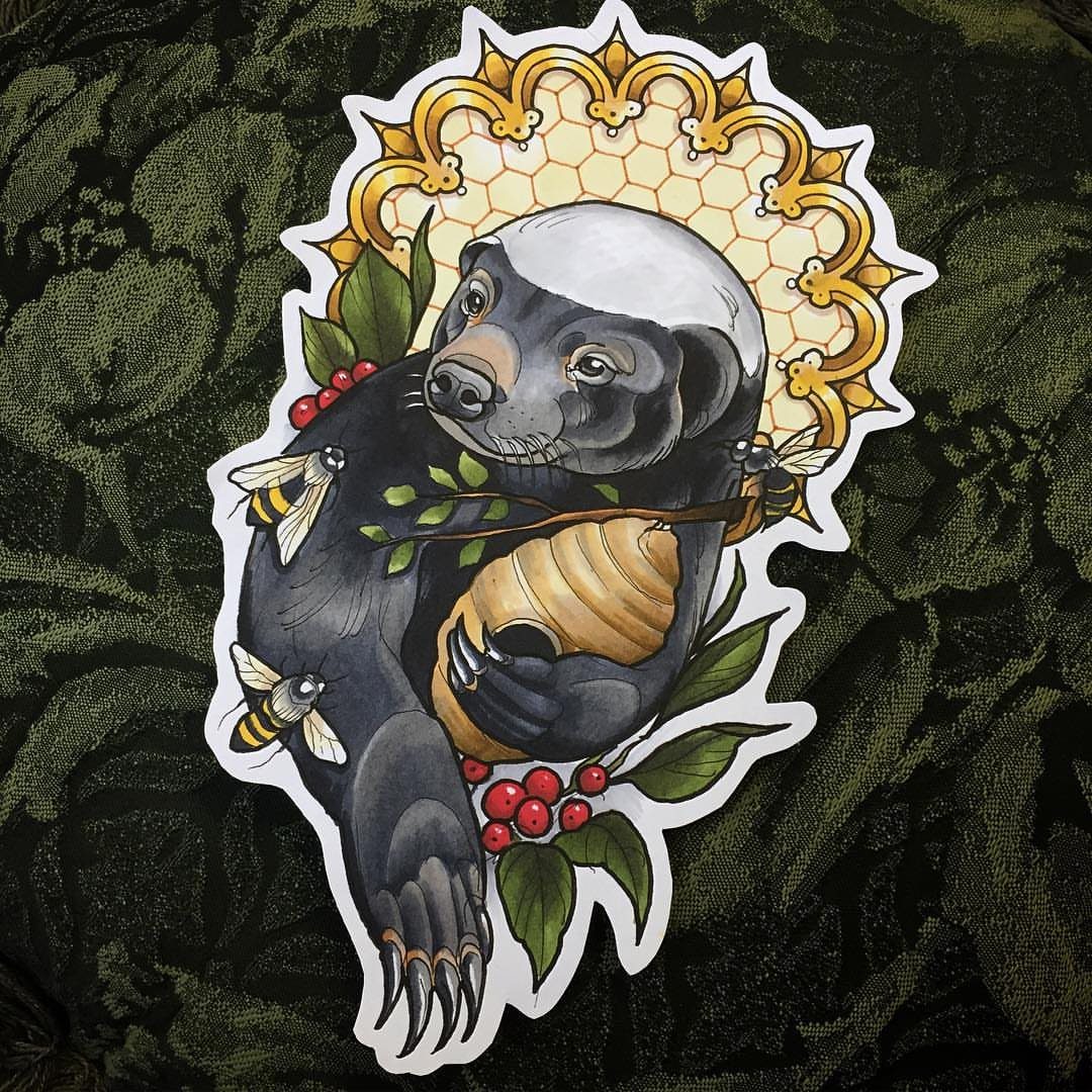 Cartoonish honey badger holding a honeycomb with bees and red berries in a frame
