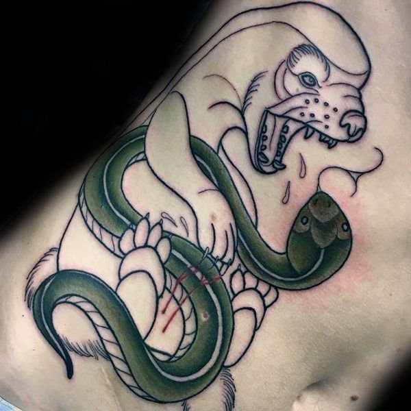 Honey badger tattoo fighting a green snake on a person's skin.