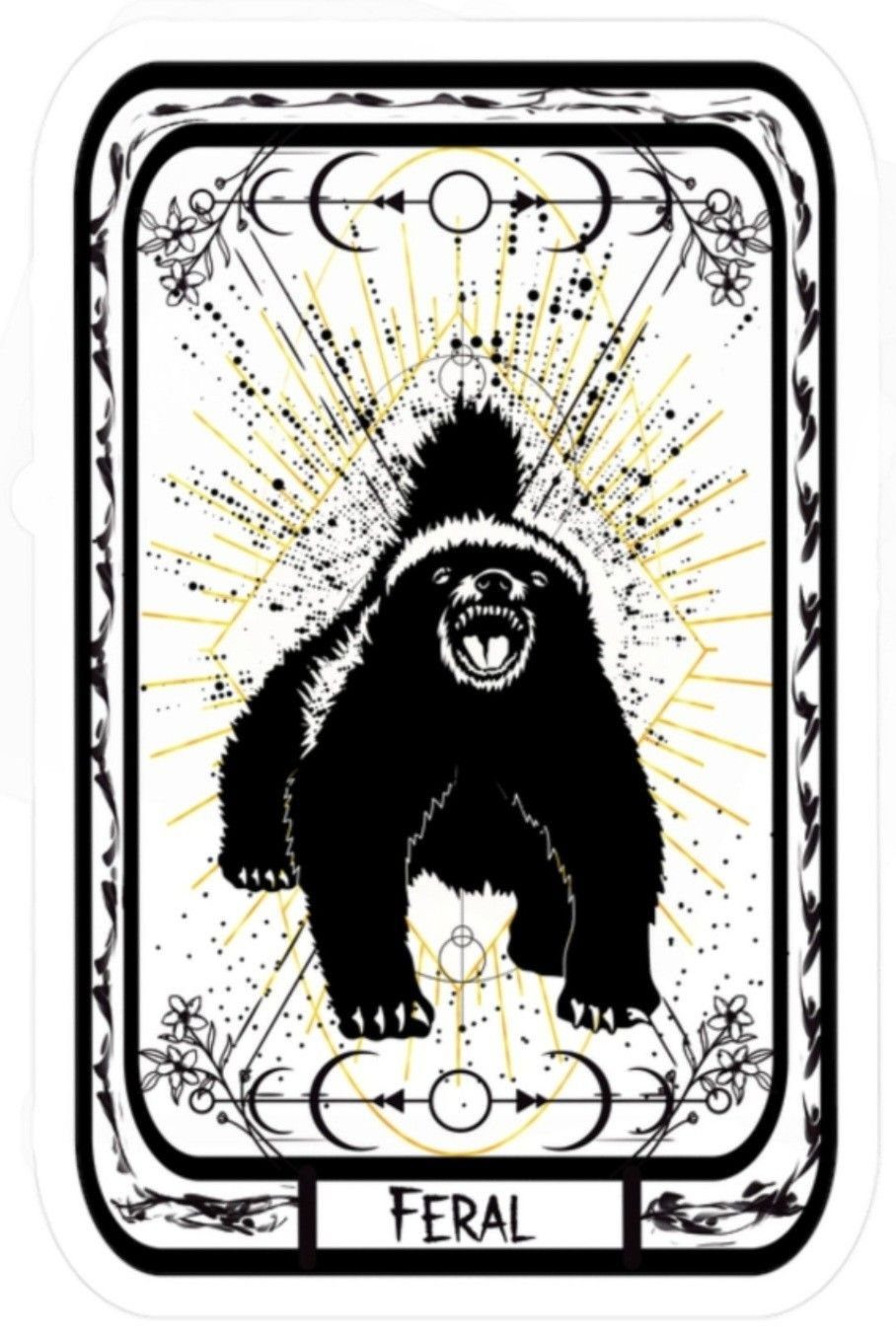 Honey badger illustration with celestial symbols and the word FERAL at the bottom.