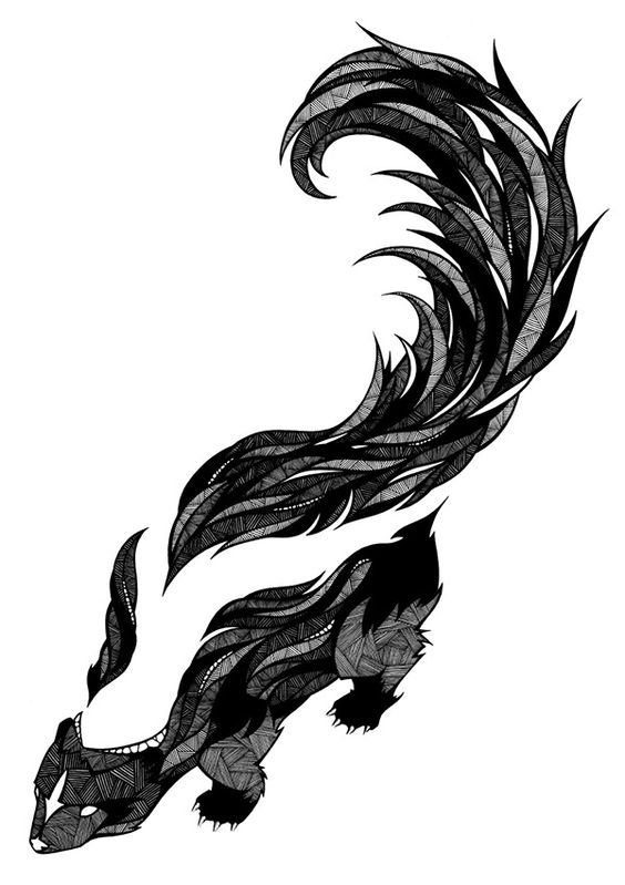 Tribal honey badger tattoo design with black swirling patterns on white background.