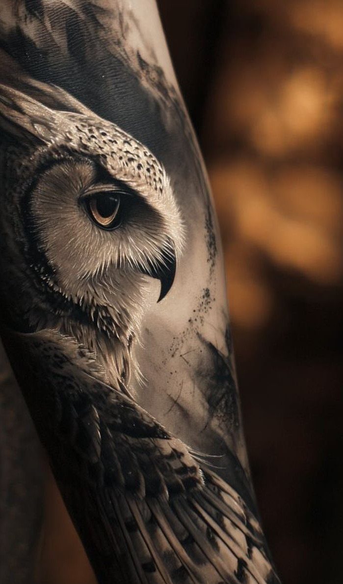 Hyper-realistic owl tattoo on an arm featuring detailed feathers and a sharp amber eye.
