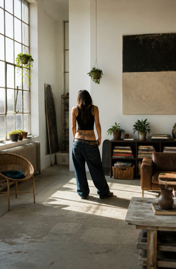 Inde Navarrette showcases her hip tattoos above low-rise jeans.