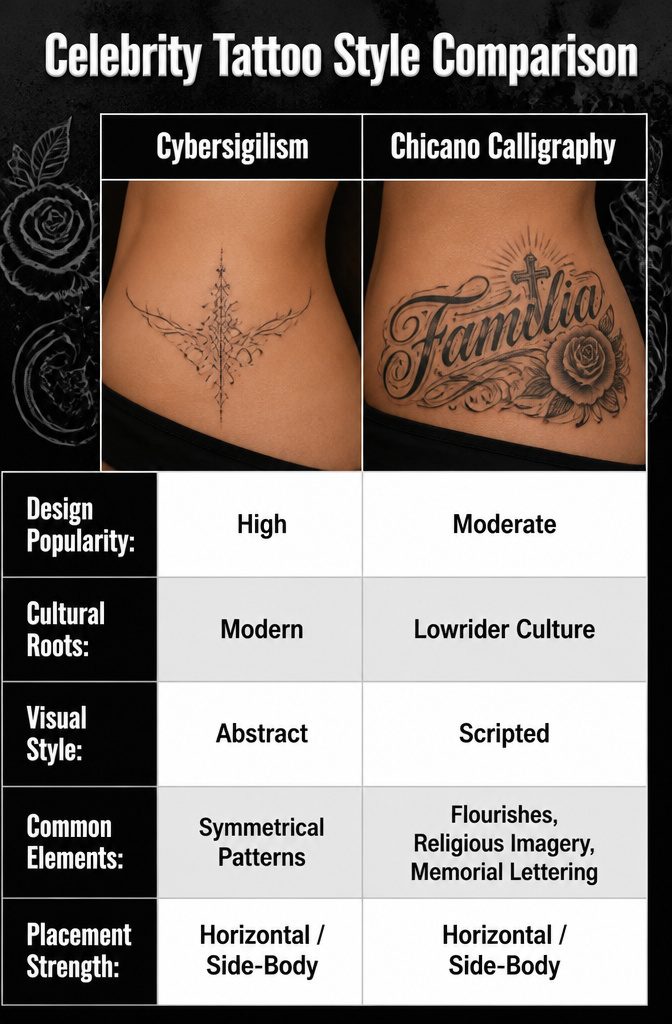 Comparison of different tattoo styles popular among celebrities.