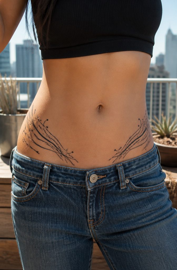 Close-up of Inde Navarrette's symmetrical hip tattoos in cybersigilism style.