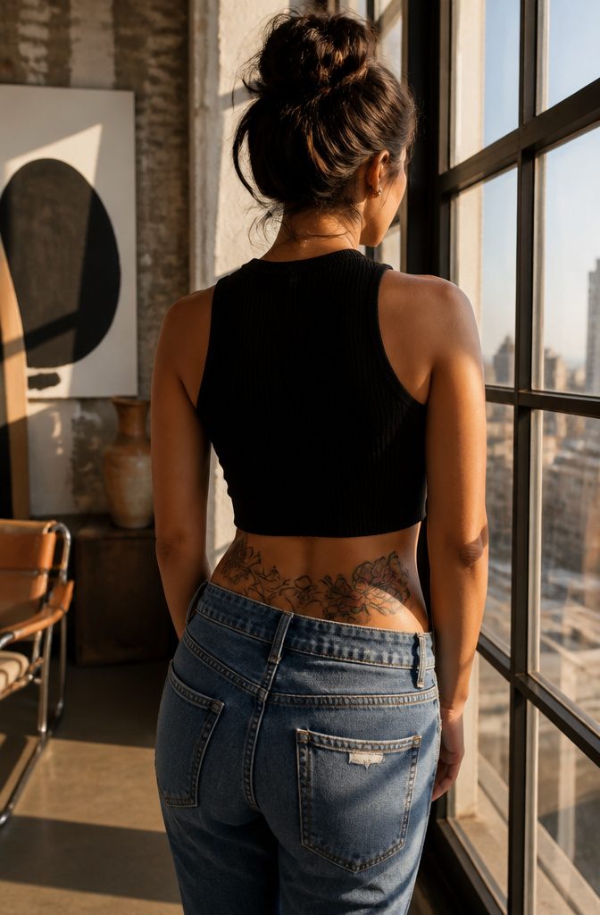Inde Navarrette stands showing her tattoos above high-waisted jeans.