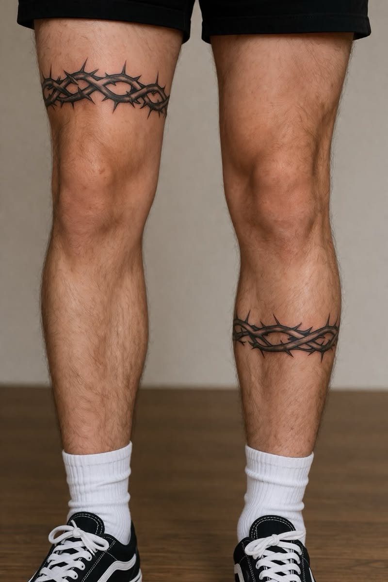 Barbed wire band tattoos on a person's thigh and lower leg.