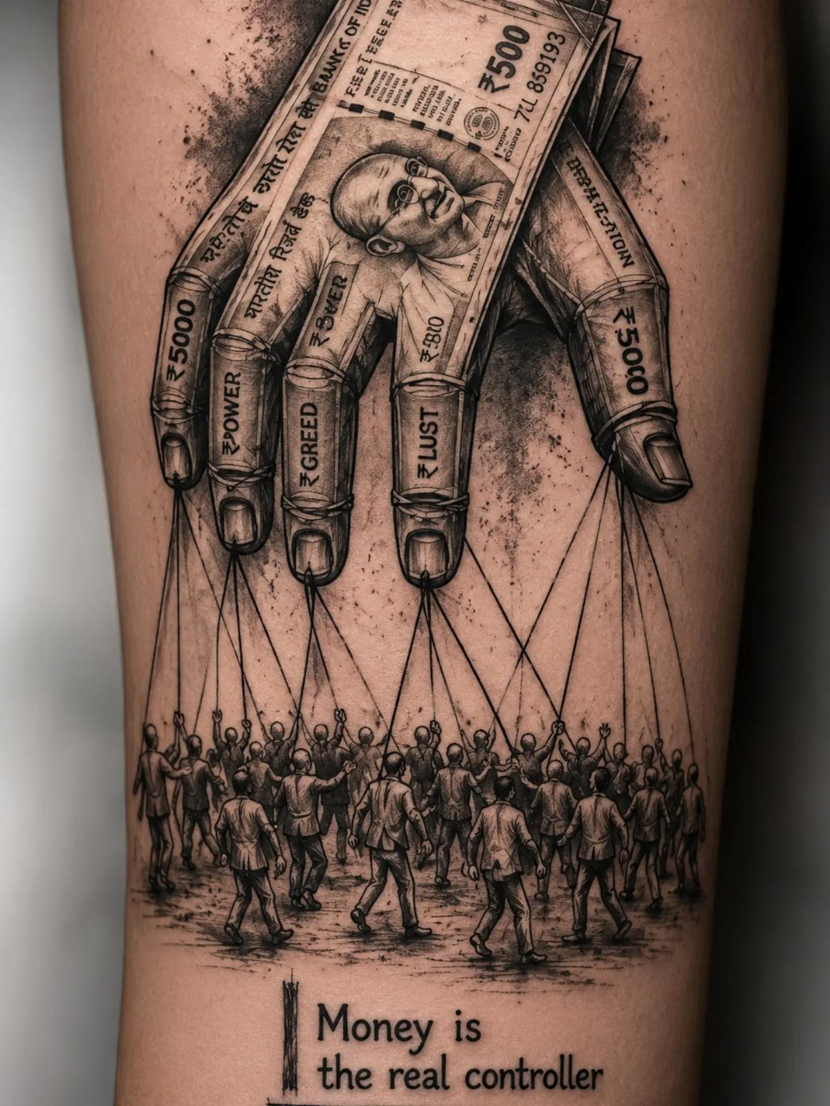 Tattoo of a giant hand controlling people with strings and a quote about money.