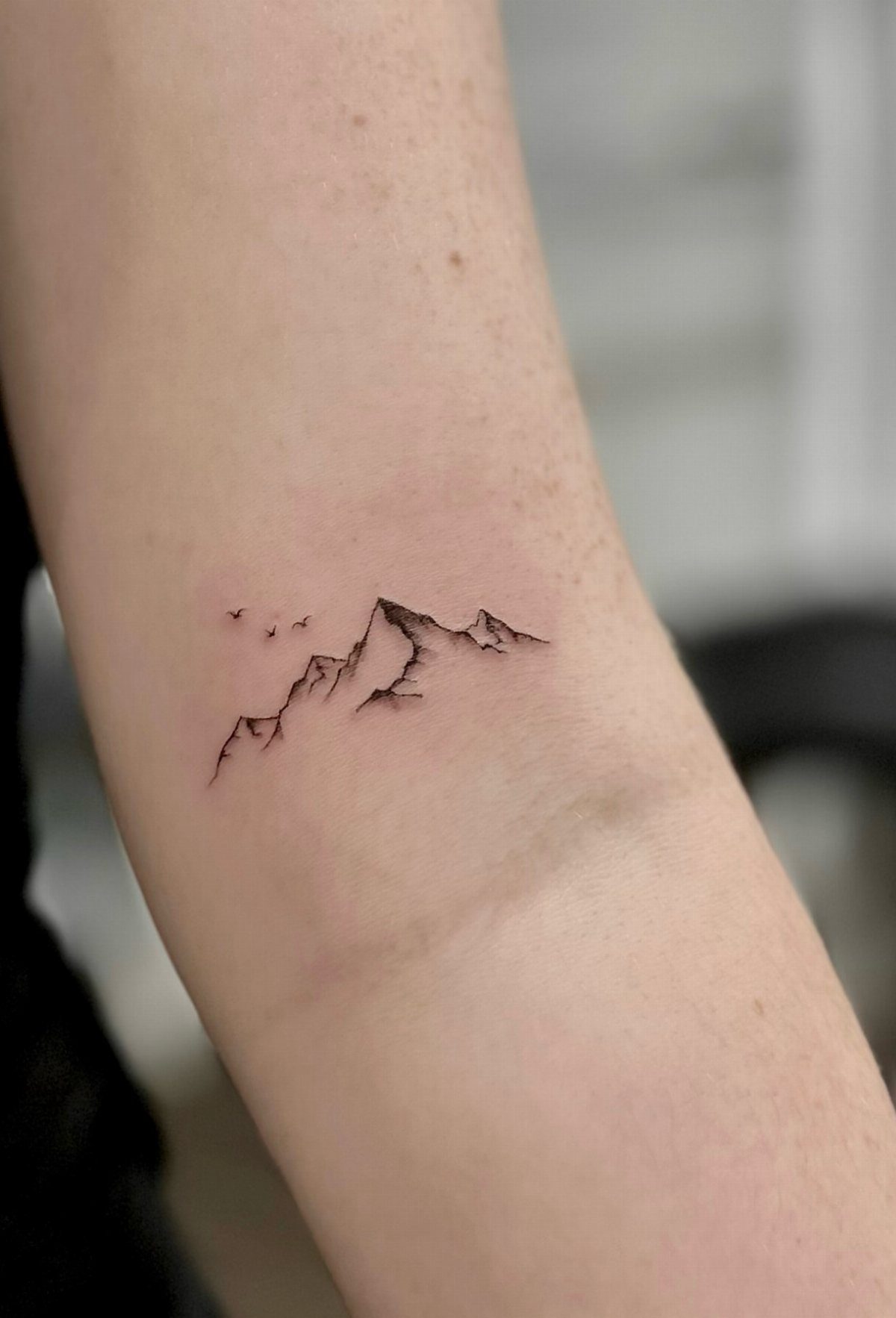 Mountain range tattoo with small birds on a person's inner forearm