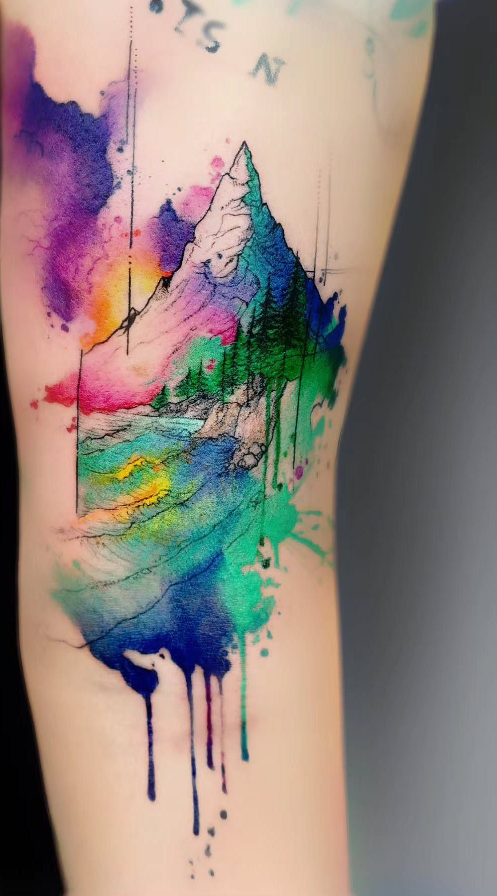 Watercolor mountain tattoo on an arm with vibrant colorful splashes and black outlines