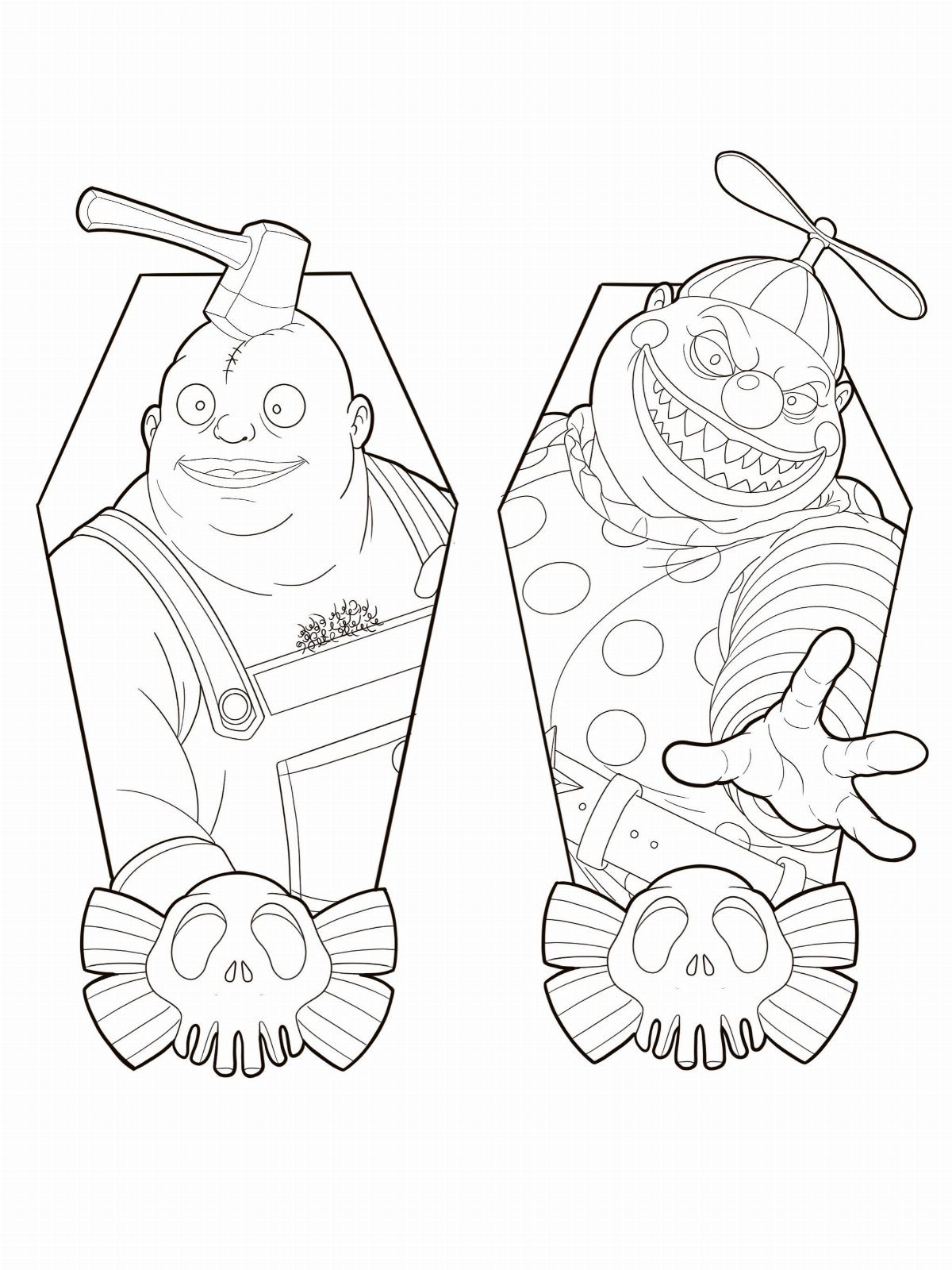 Line drawing of Lock and Shock characters framed in coffin shapes with skulls.