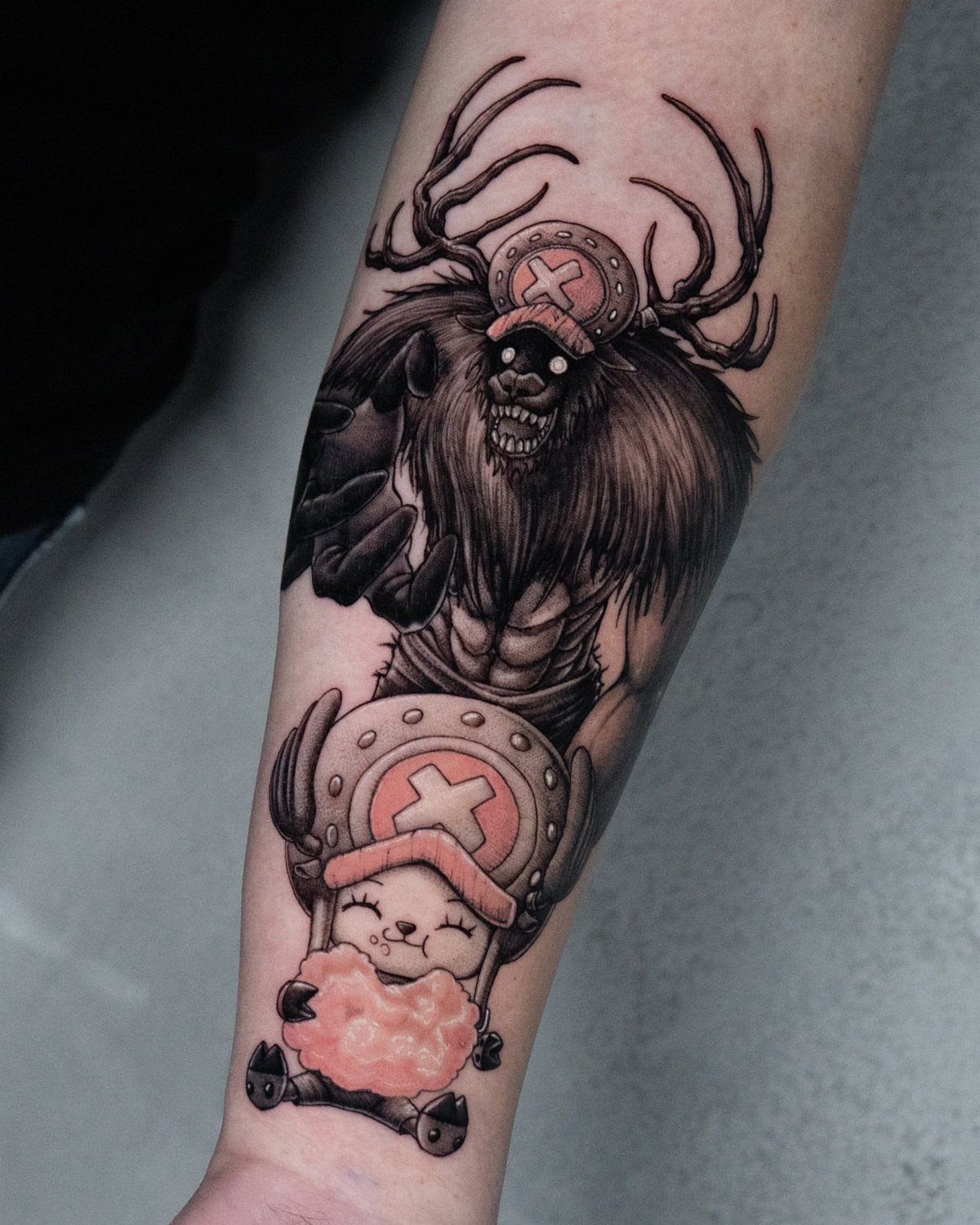 Tattoo of Chopper in both his small form and giant Monster Point form.