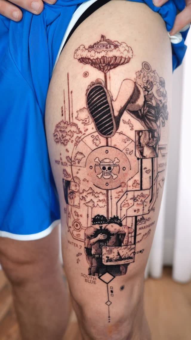 Detailed black ink One Piece tattoo on a thigh featuring various iconic series moments.