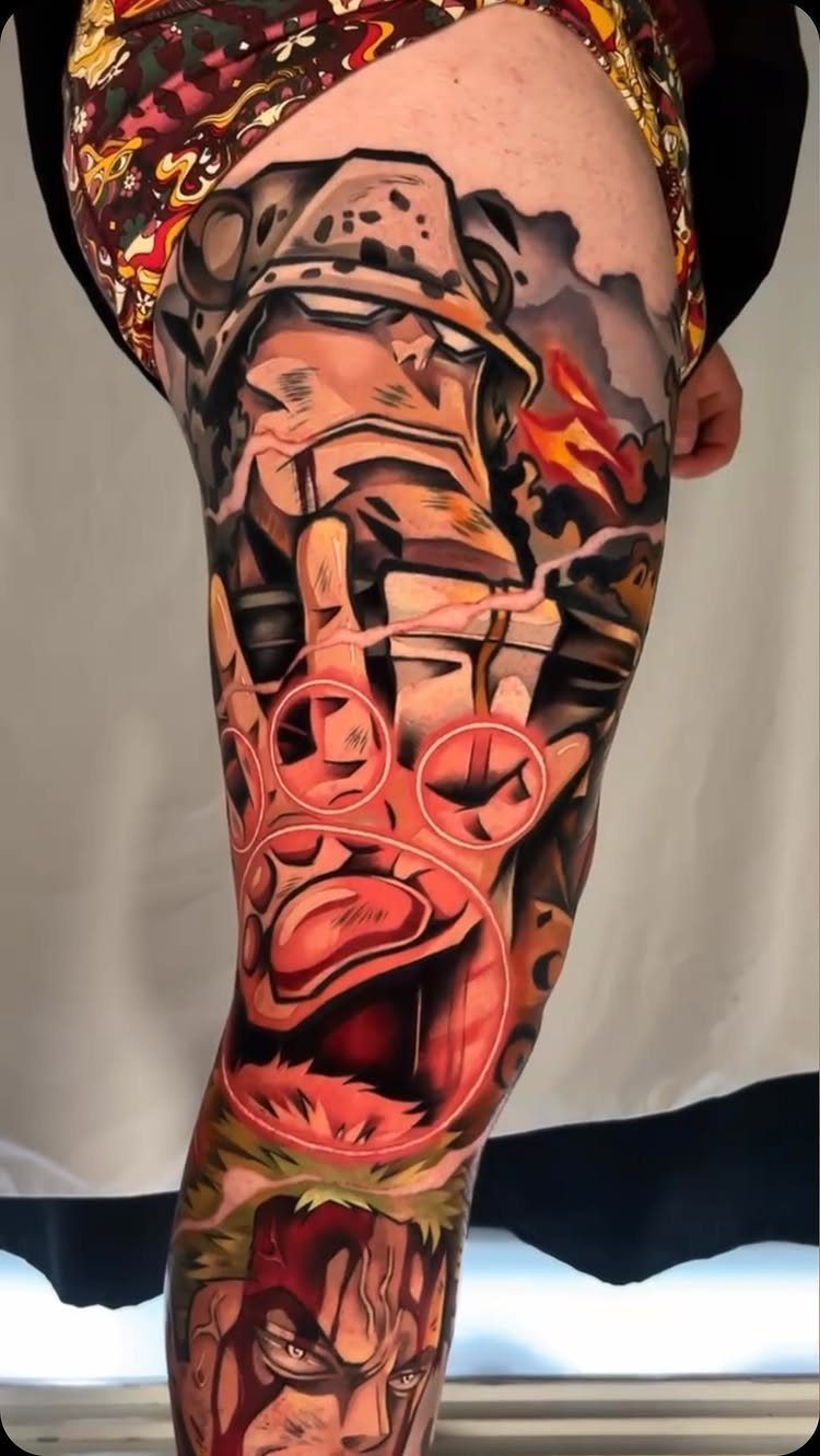 Full leg sleeve tattoo featuring Trafalgar Law from One Piece in bold colors.