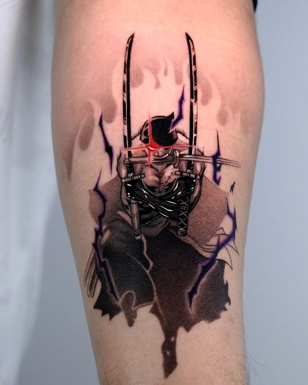 Zoro tattoo on an arm featuring swords and purple energy effects.