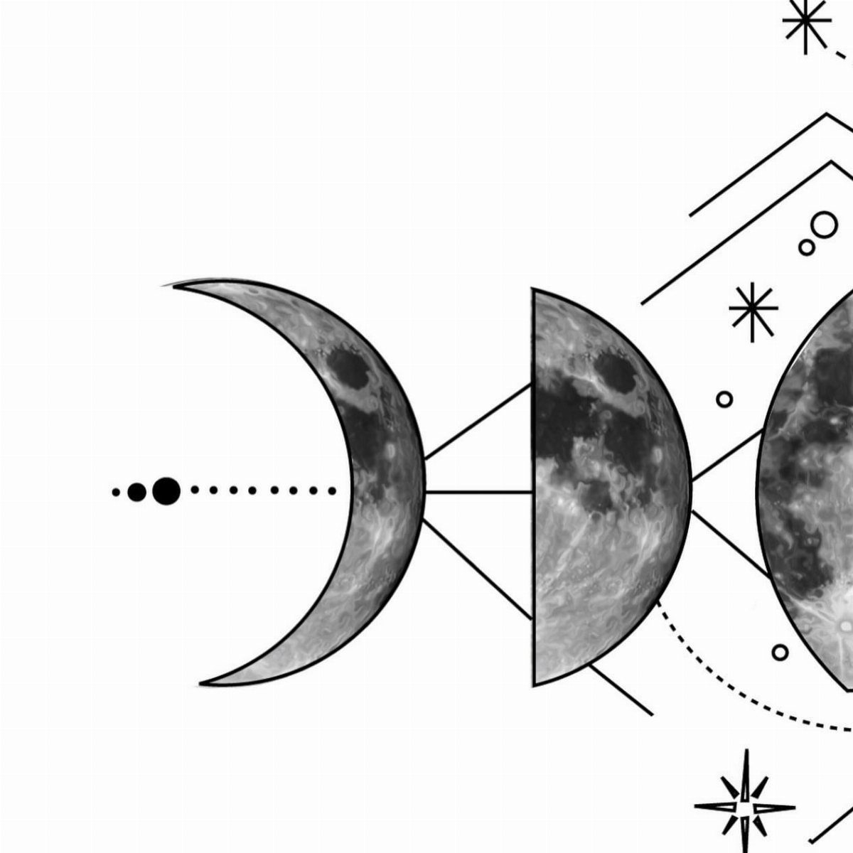 Moon phases illustration with geometric lines and stars on a white background.