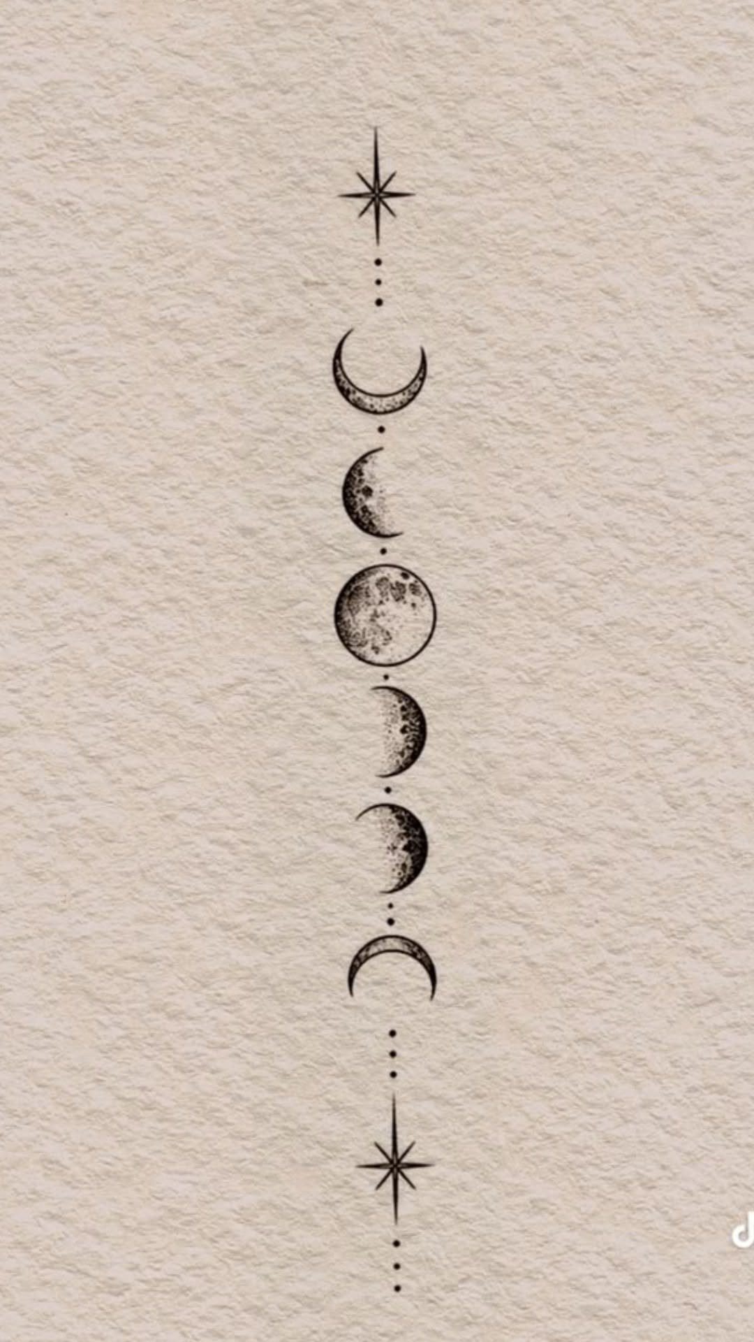 Vertical moon phases tattoo design with stars and dots on textured paper.