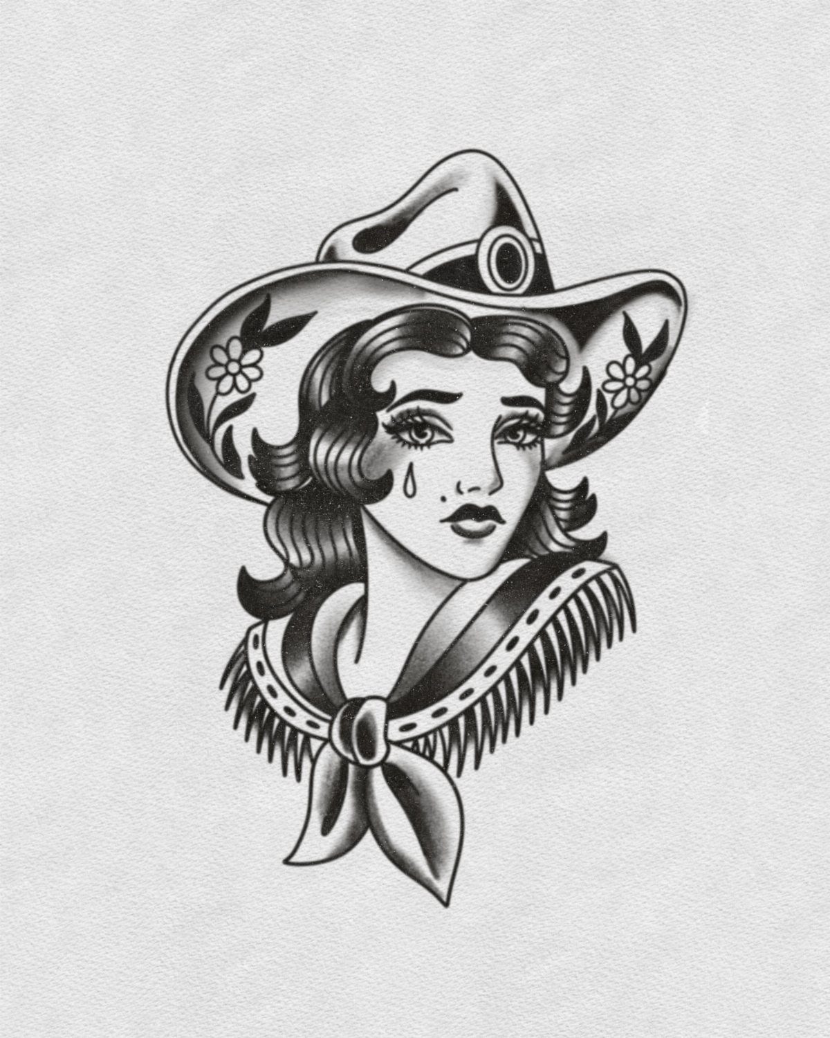 Cowgirl tattoo design featuring a woman in a cowboy hat with a single tear.