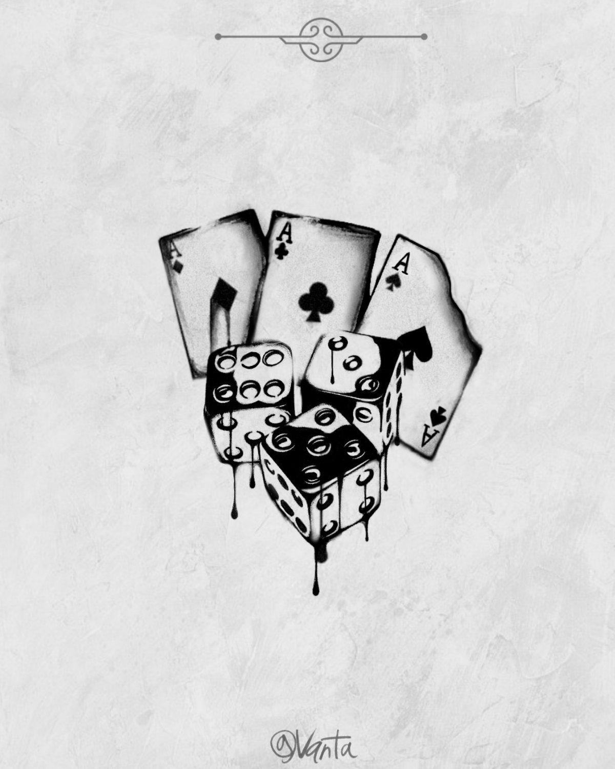 Ace playing cards and melting dice in a black and white tattoo design