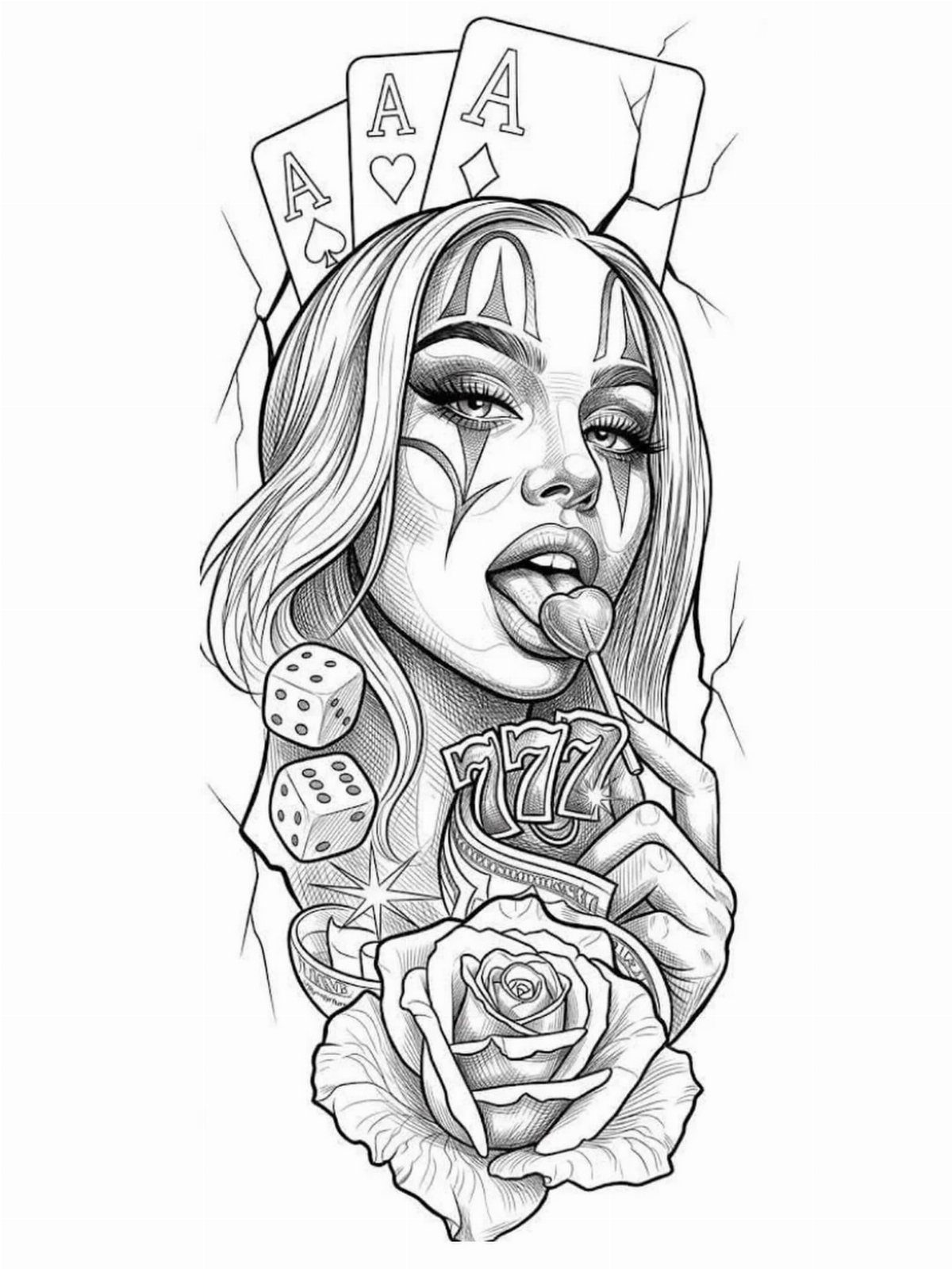 Woman with clown makeup surrounded by ace playing cards, dice, and a rose.