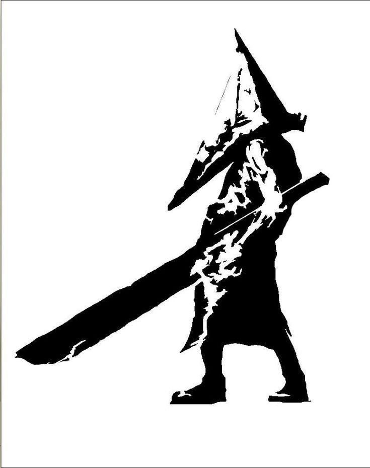 Black ink silhouette of Pyramid Head holding a massive blade on white background