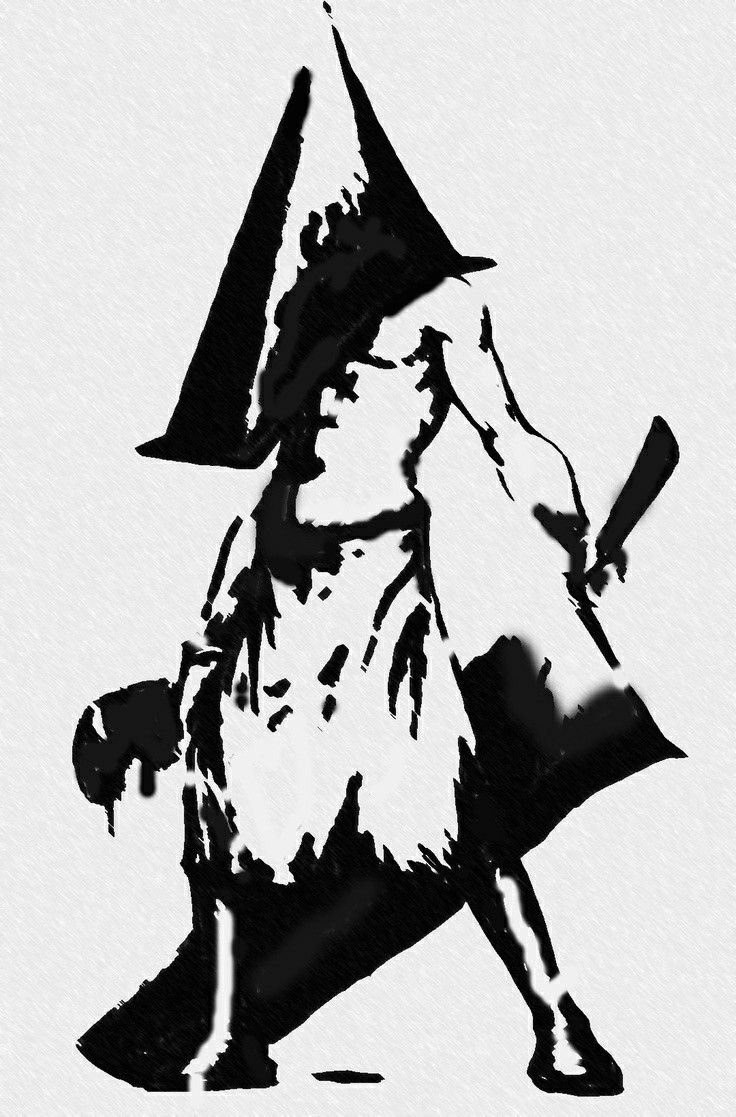 Pyramid Head high-contrast black ink sketch with his large blade on white background