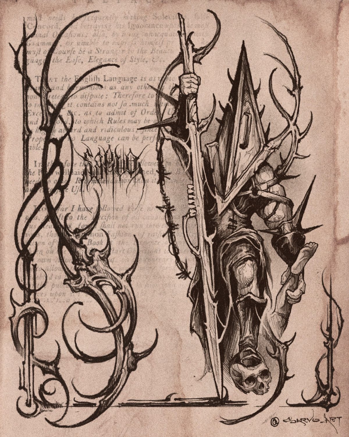 Pyramid Head drawing with a large blade and ornate gothic filigree on parchment