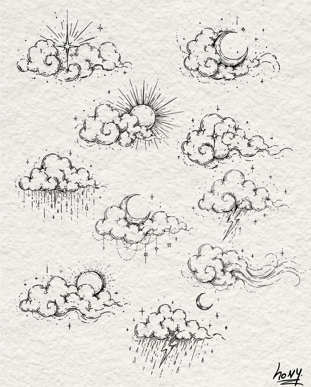 Black ink cloud sketches with rain, lightning, and moons on textured white paper.
