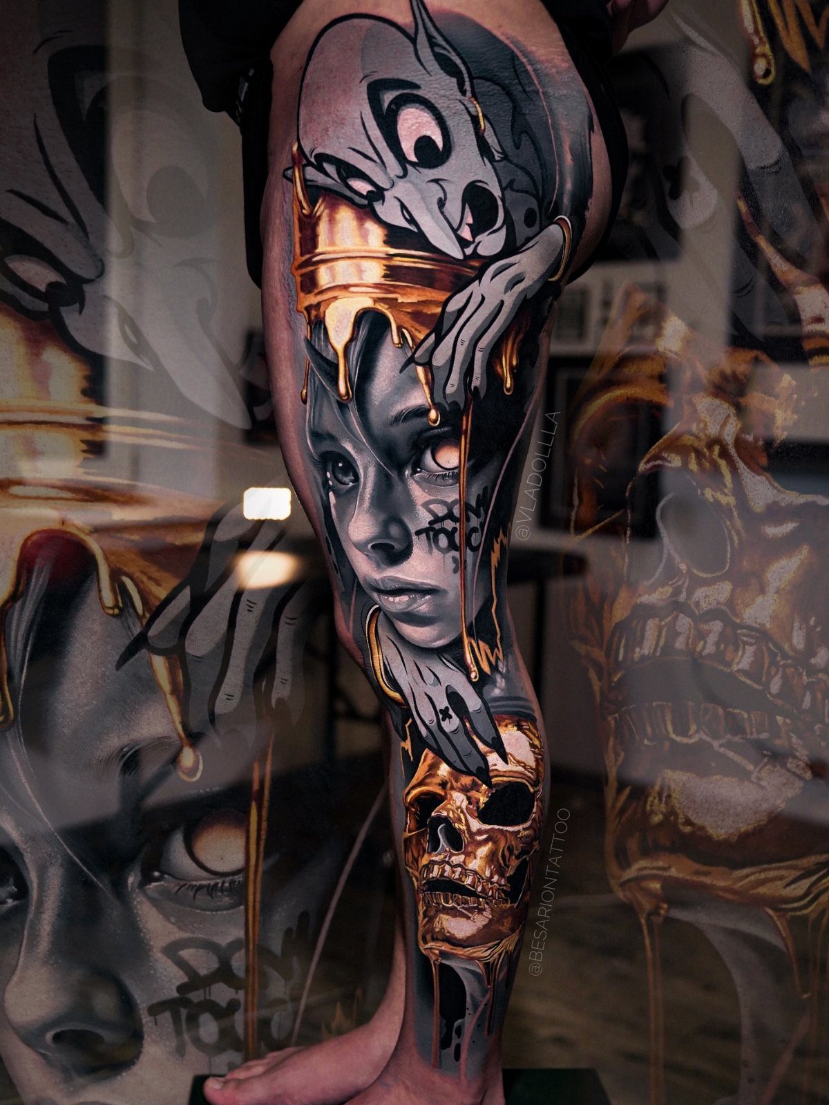 Surreal dark realism tattoo on a leg featuring a face, skull, and melting gold.