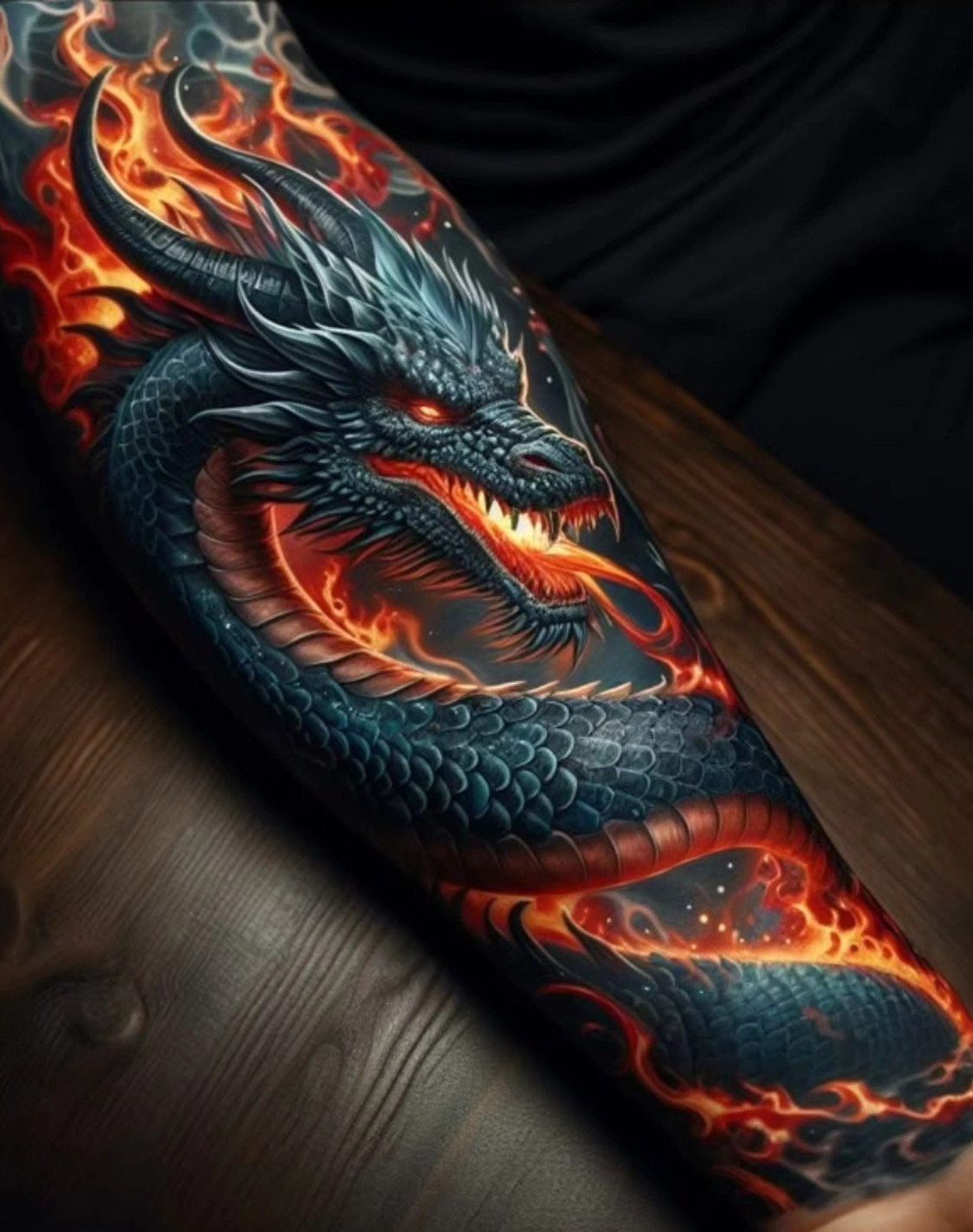 Detailed dragon tattoo with glowing orange fire on a person's arm