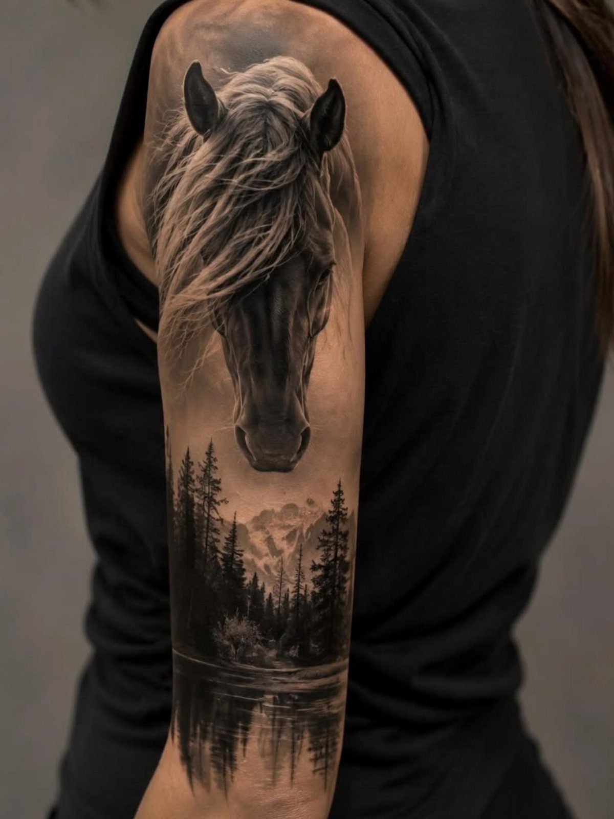 Realistic black and grey tattoo of a horse head above a forest landscape.