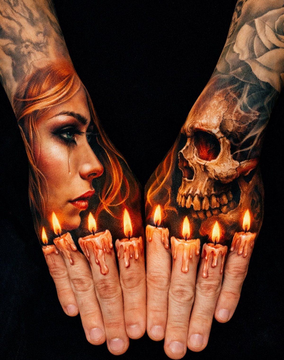 Tattoos of a woman and skull on hands with fingers as melting candles