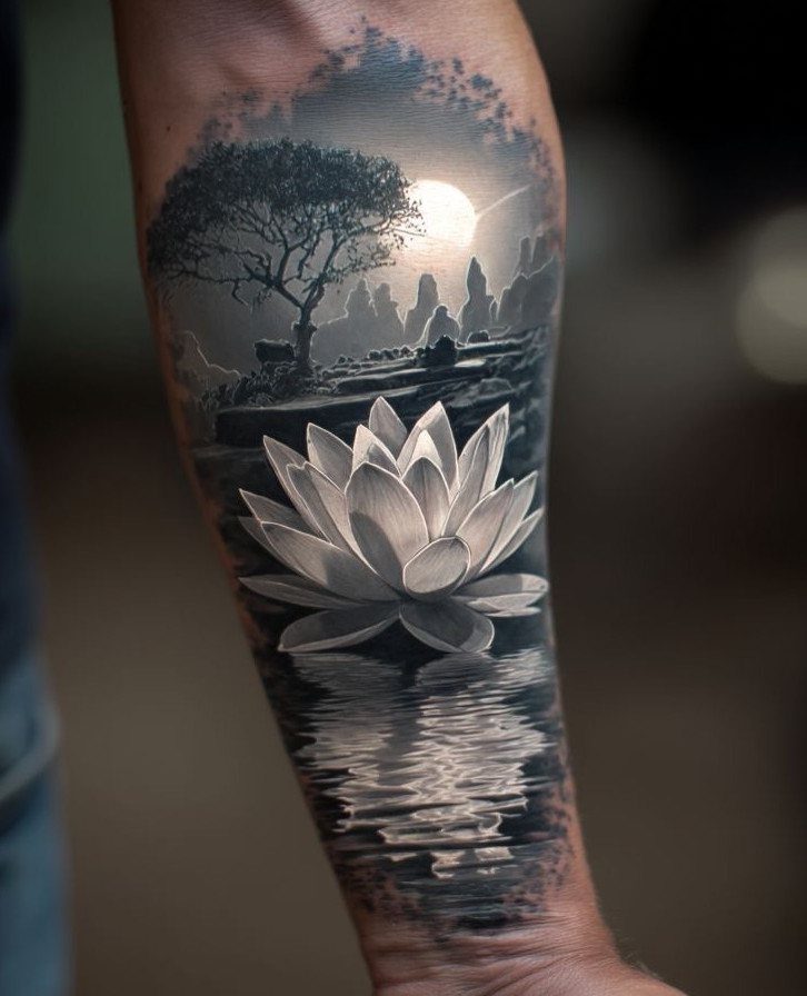 Forearm tattoo featuring a white lotus flower and a rising sun over a landscape.
