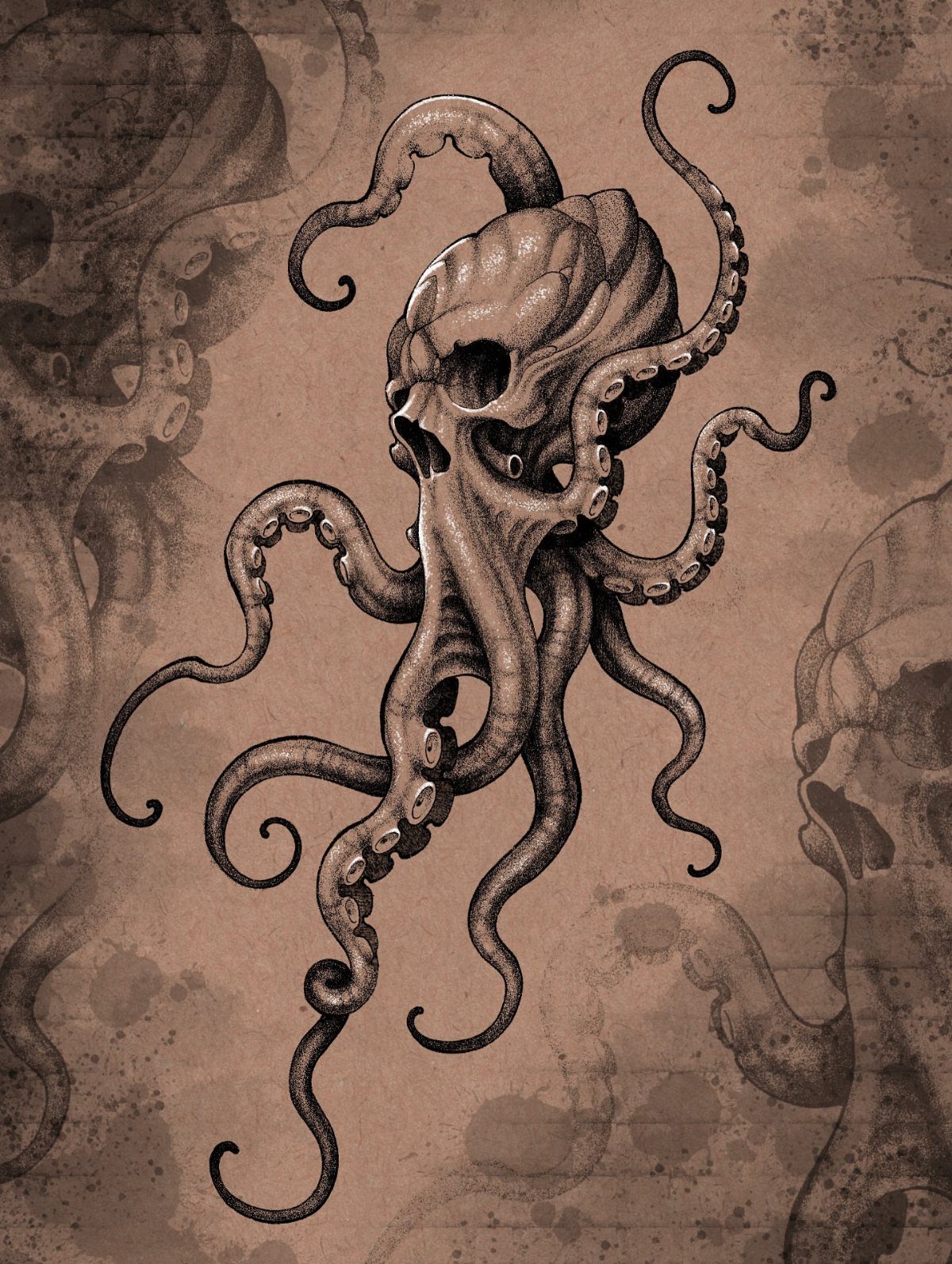 Human skull entwined with octopus tentacles drawn in ink on parchment paper.