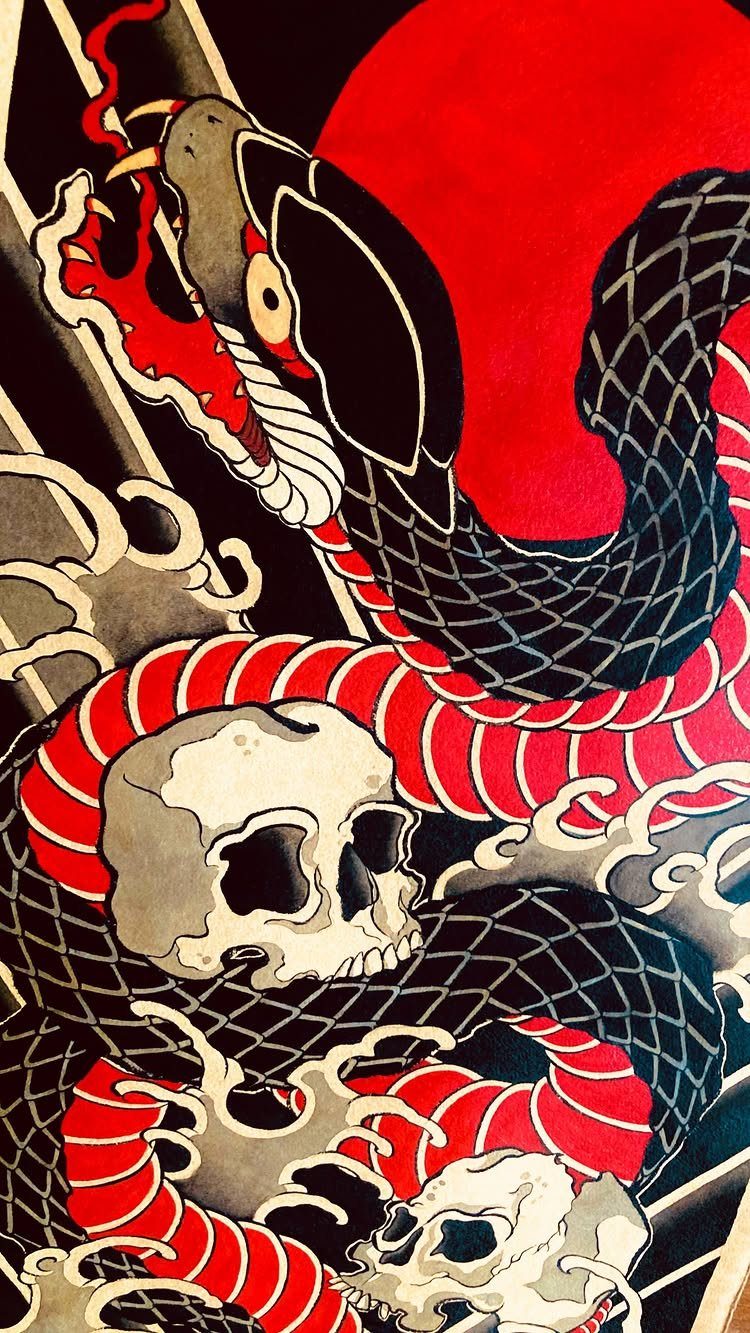 Black and red serpent coiled around two human skulls with swirling grey clouds.