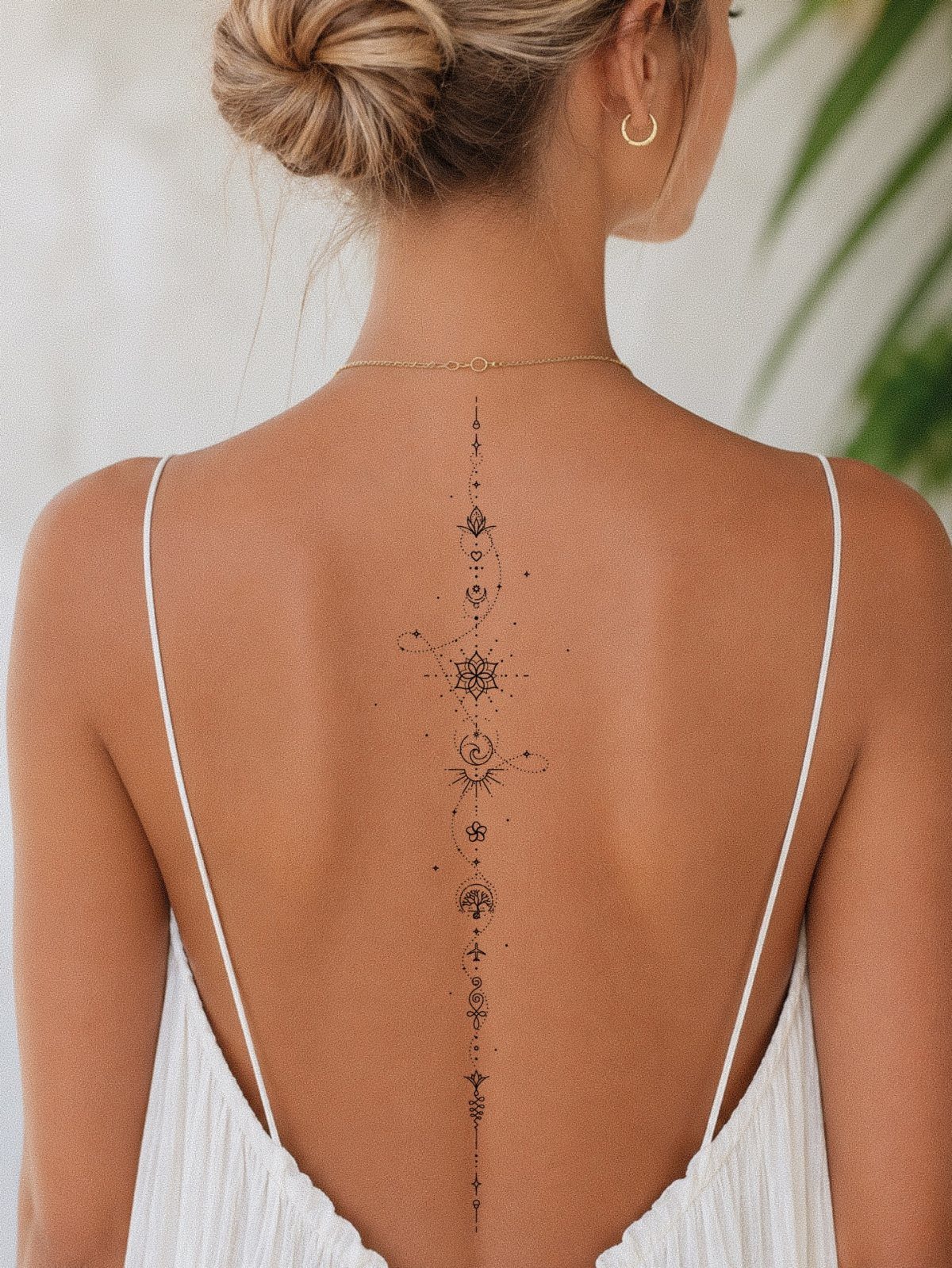 Minimalist black ink tattoo with geometric symbols running down a woman's spine