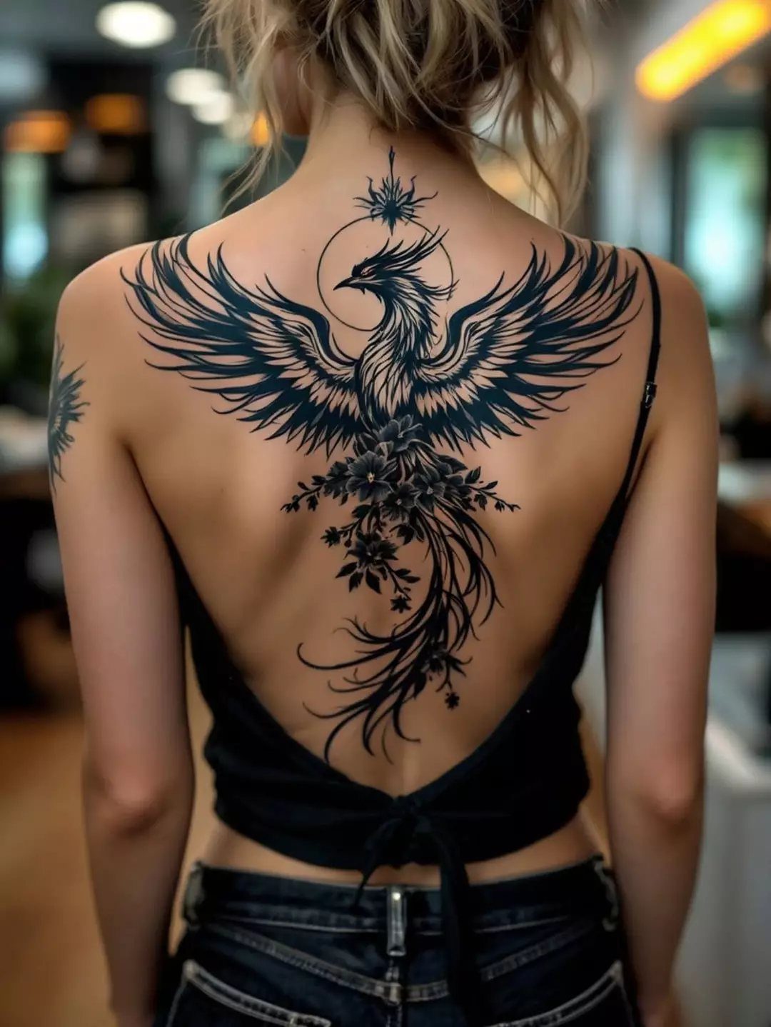 Phoenix tattoo with outstretched wings and long tail on a woman's back