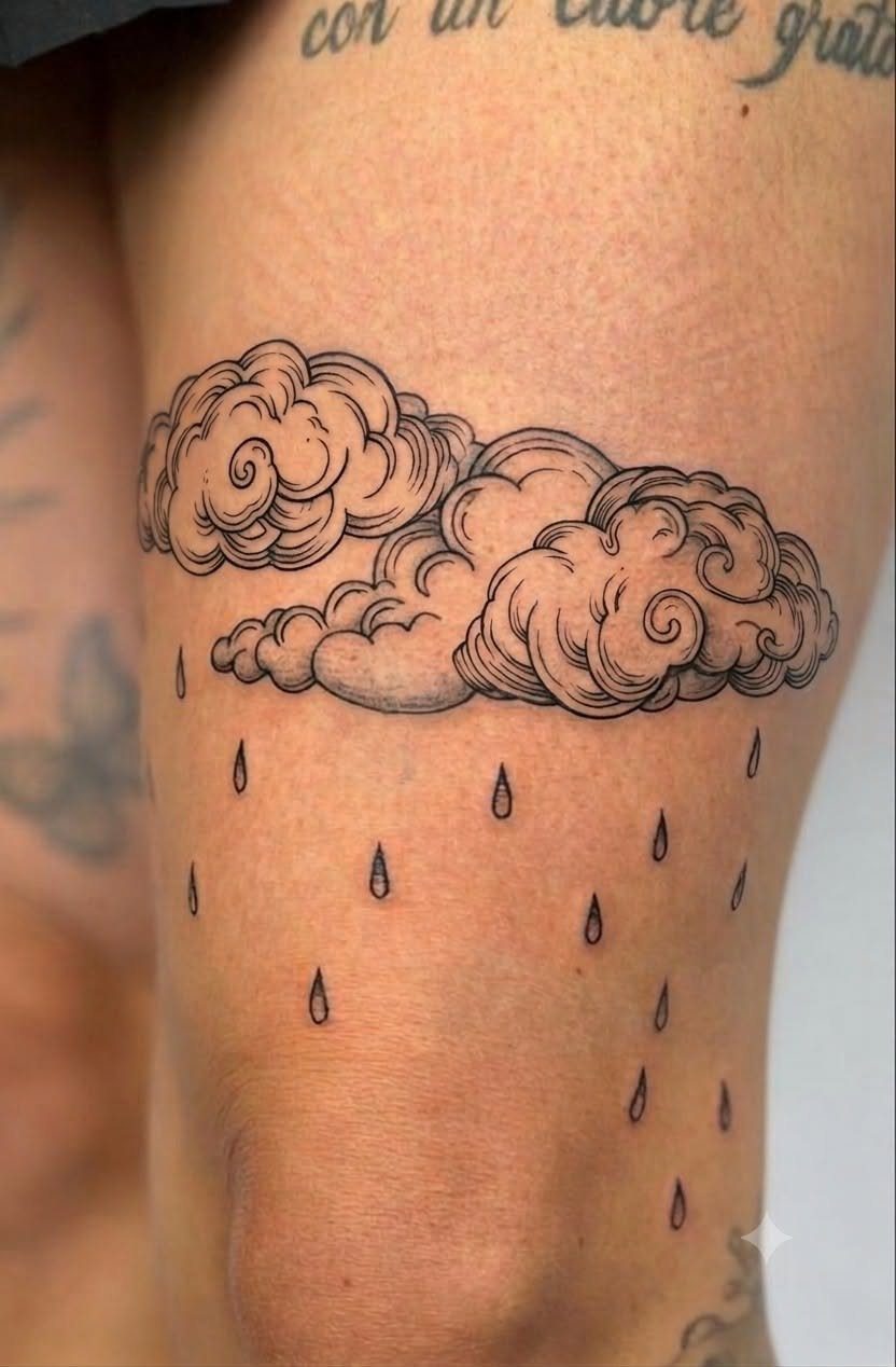 Storm cloud tattoo with rain droplets on a person's leg in black ink