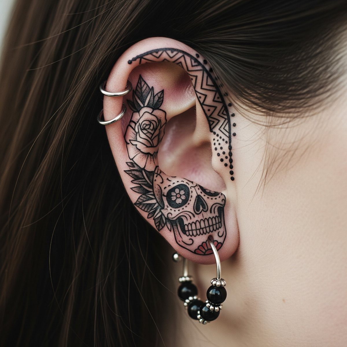 Sugar skull and rose tattoo on the outer edge of a human ear