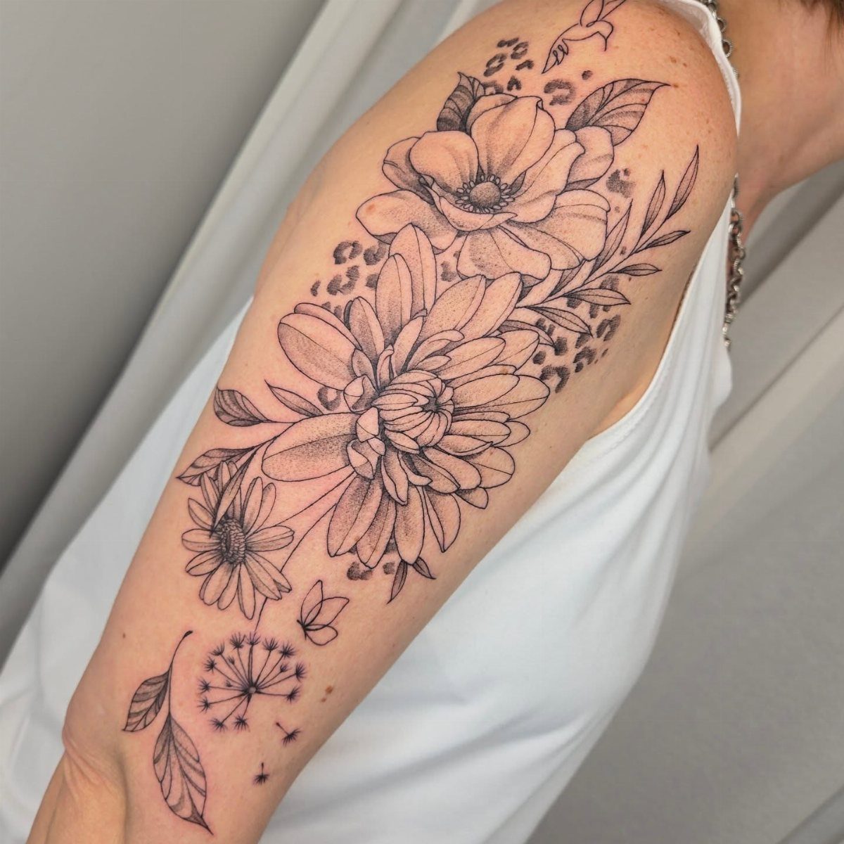 Floral tattoo on an arm featuring large flowers and cheetah print fill patterns.